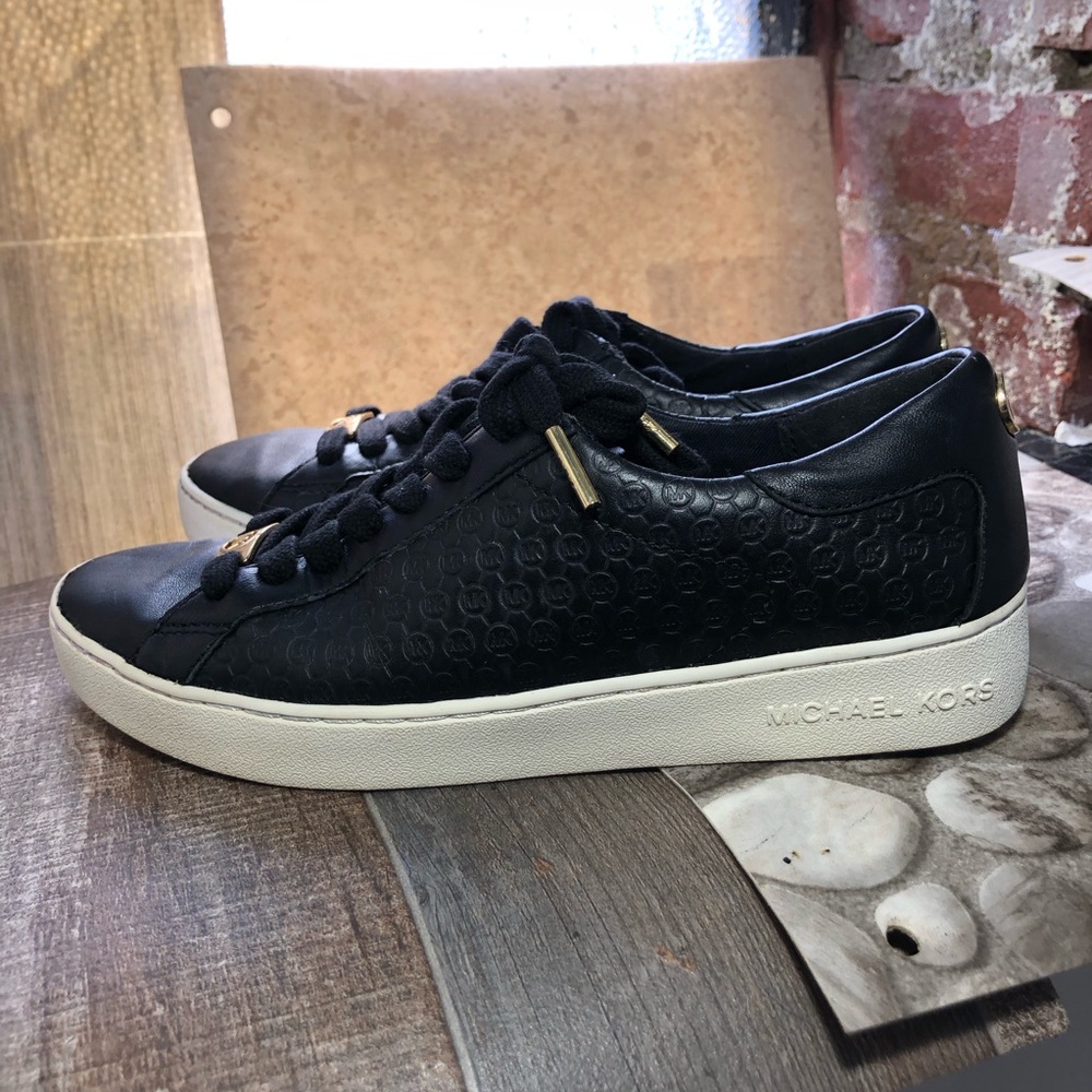 Michael Kors Black Leather Lace-Up Sneakers with Cream Sole
